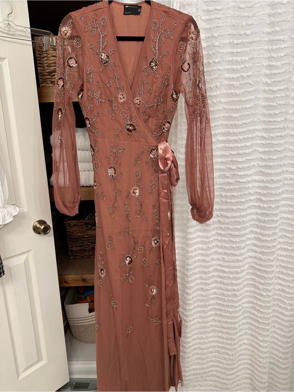 ASOS Mauve Embellished Long Sleeve Wrap Maxi Dress